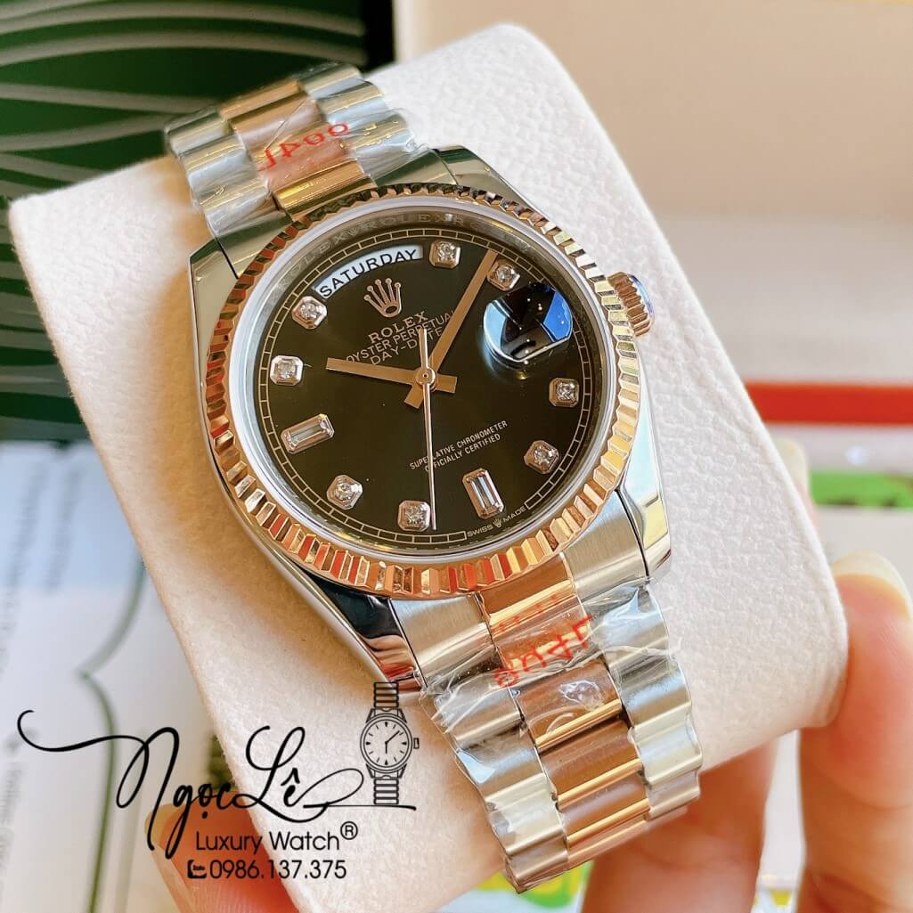 Đồng Hồ Rolex Day-Date Automatic Unisex Dây Kim Loại Demi Rose Mặt Đen 36mm