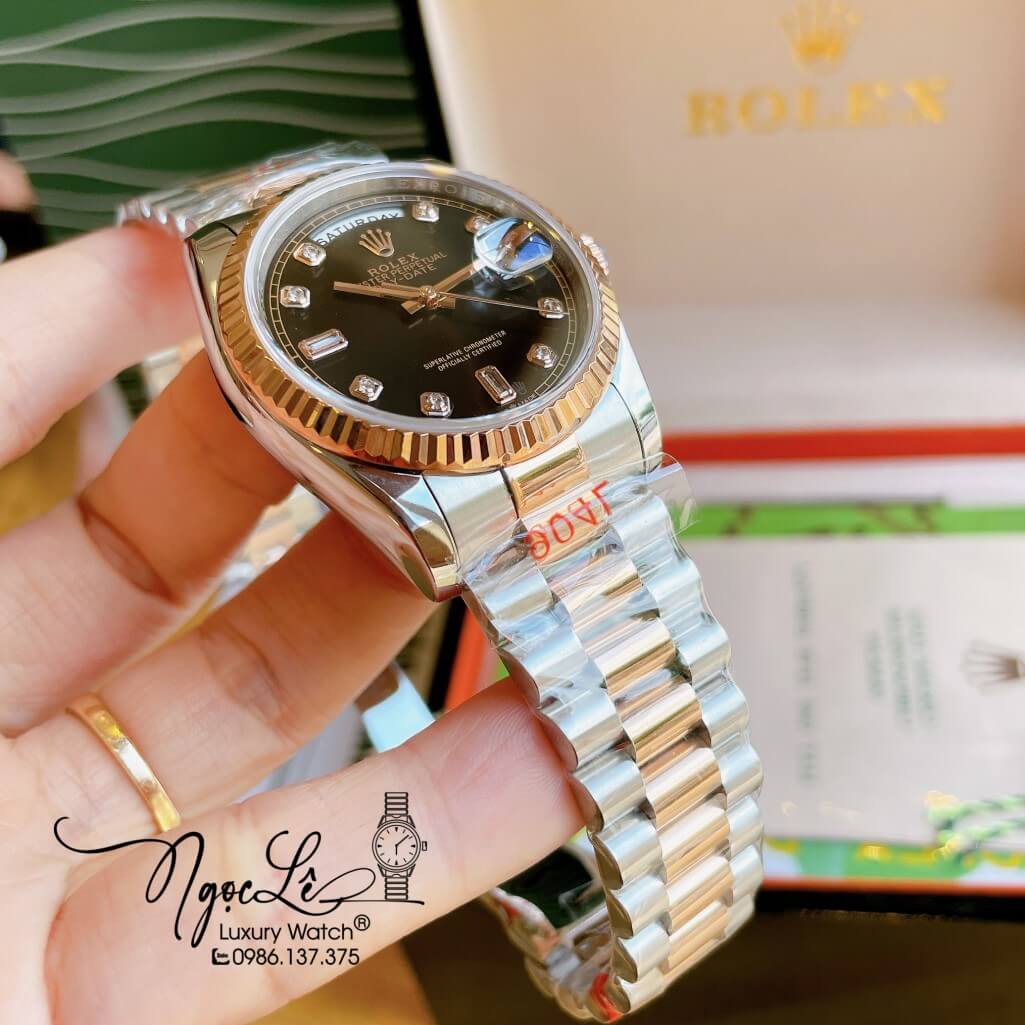 Đồng Hồ Rolex Day-Date Automatic Unisex Dây Kim Loại Demi Rose Mặt Đen 36mm
