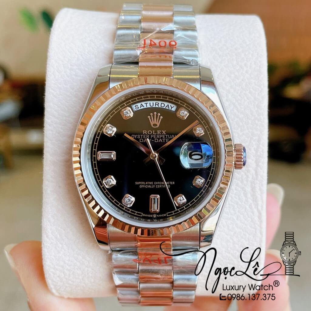 Đồng Hồ Rolex Day-Date Automatic Unisex Dây Kim Loại Demi Rose Mặt Đen 36mm