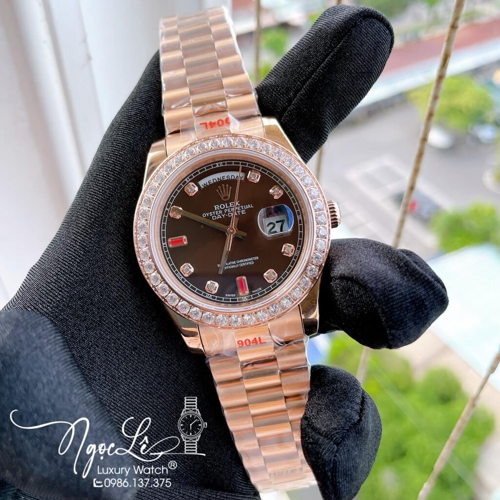 Đồng Hồ Rolex Day-Date Automatic Dây Kim Loại Vàng Hồng Mặt Nâu Đính Đá 41mm