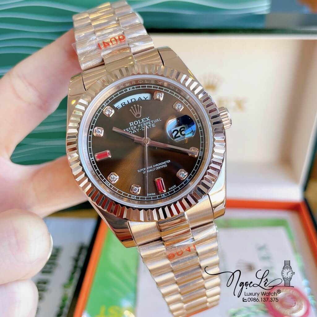 Đồng Hồ Rolex Day-Date Automatic Nam Dây Kim Loại Rose Mặt Nâu 41mm