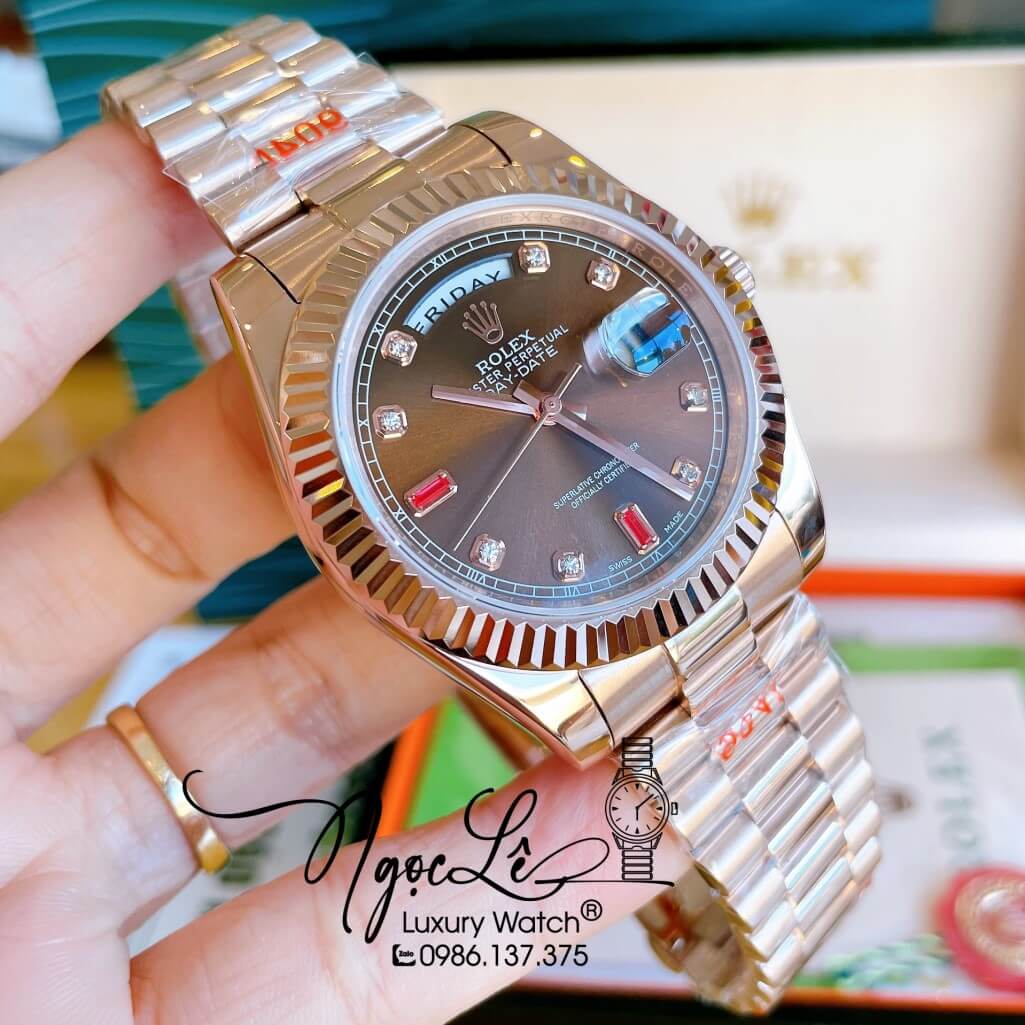 Đồng Hồ Rolex Day-Date Automatic Nam Dây Kim Loại Rose Mặt Nâu 41mm