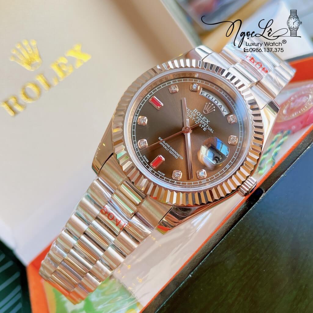 Đồng Hồ Rolex Day-Date Automatic Nam Dây Kim Loại Rose Mặt Nâu 41mm