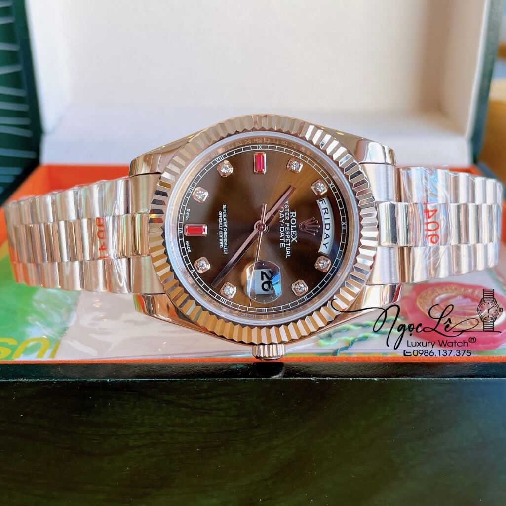 Đồng Hồ Rolex Day-Date Automatic Nam Dây Kim Loại Rose Mặt Nâu 41mm
