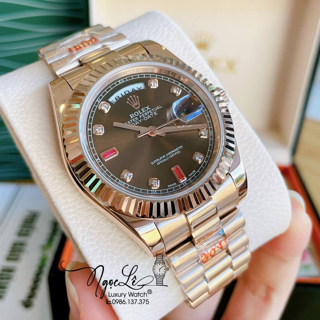 Đồng Hồ Rolex Day-Date Automatic Nam Dây Kim Loại Rose Mặt Nâu 41mm