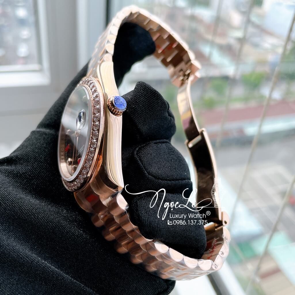 Đồng Hồ Rolex Day-Date Automatic Dây Kim Loại Vàng Hồng Mặt Nâu Đính Đá 41mm