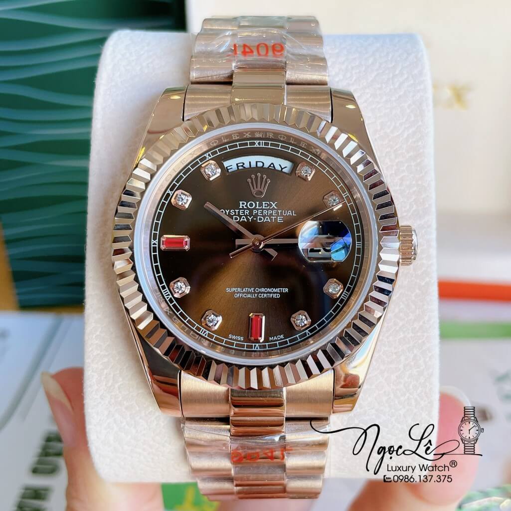 Đồng Hồ Rolex Day-Date Automatic Nam Dây Kim Loại Rose Mặt Nâu 41mm
