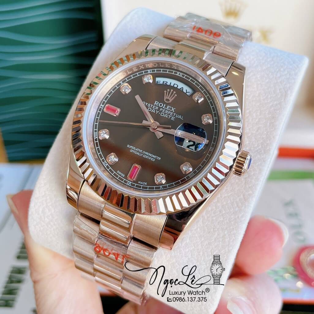 Đồng Hồ Rolex Day-Date Automatic Nam Dây Kim Loại Rose Mặt Nâu 41mm