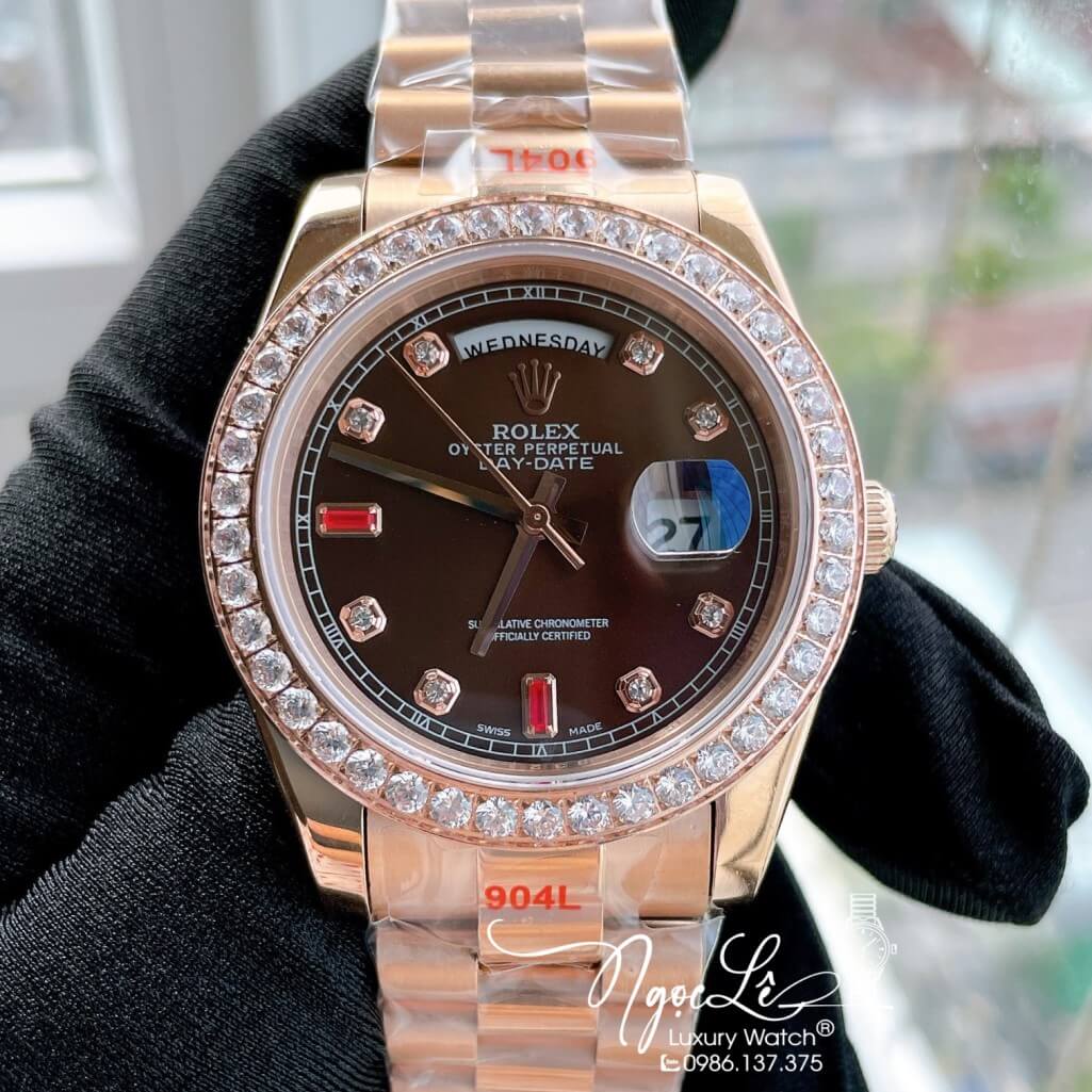 Đồng Hồ Rolex Day-Date Automatic Dây Kim Loại Vàng Hồng Mặt Nâu Đính Đá 41mm
