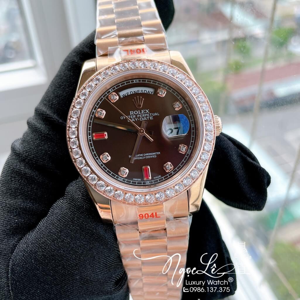 Đồng Hồ Rolex Day-Date Automatic Dây Kim Loại Vàng Hồng Mặt Nâu Đính Đá 41mm