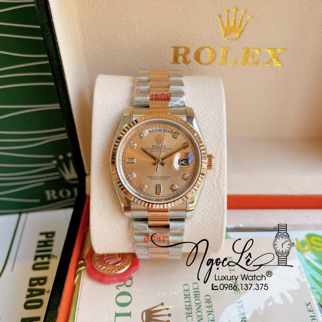 Đồng Hồ Rolex Day-Date Automatic Unisex Dây Kim Loại Demi Rose 36mm