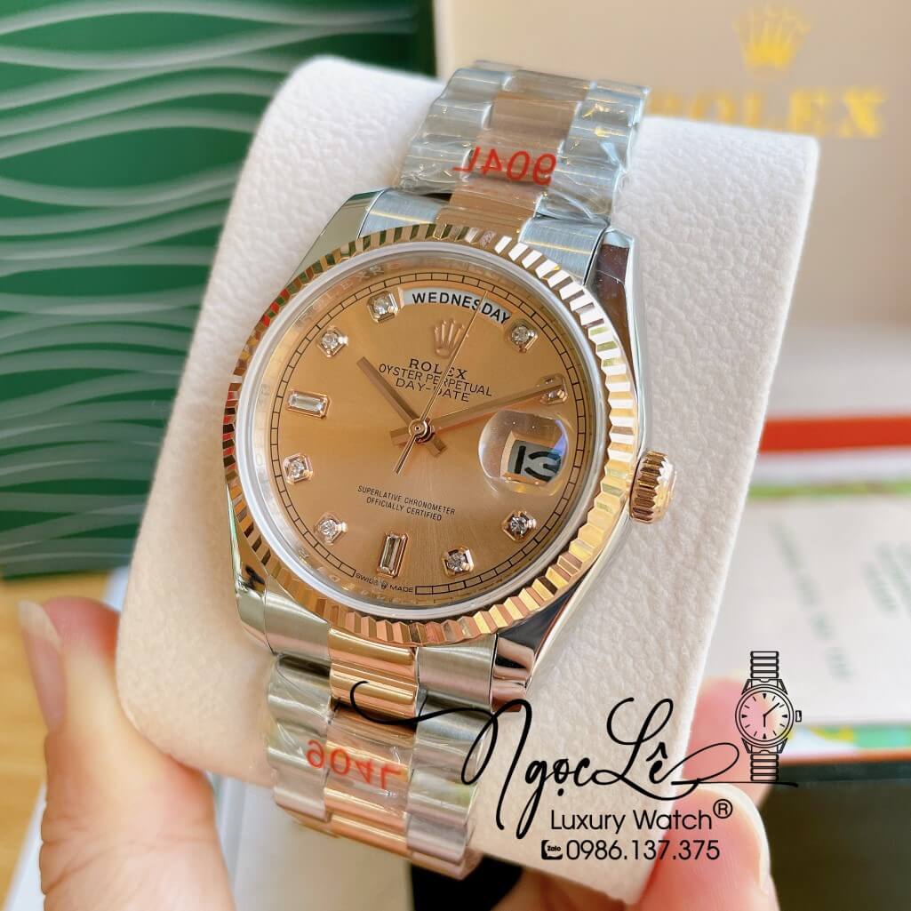 Đồng Hồ Rolex Day-Date Automatic Unisex Dây Kim Loại Demi Rose 36mm
