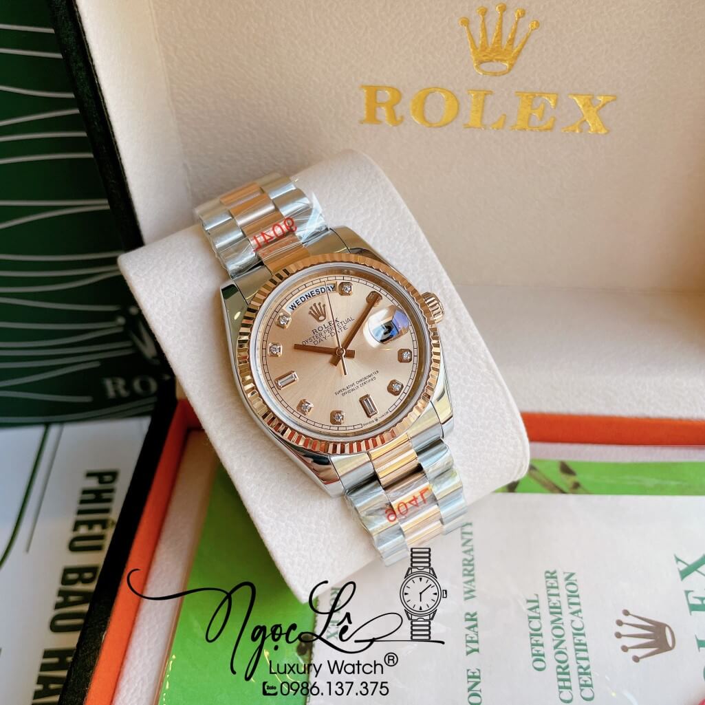 Đồng Hồ Rolex Day-Date Automatic Unisex Dây Kim Loại Demi Rose 36mm