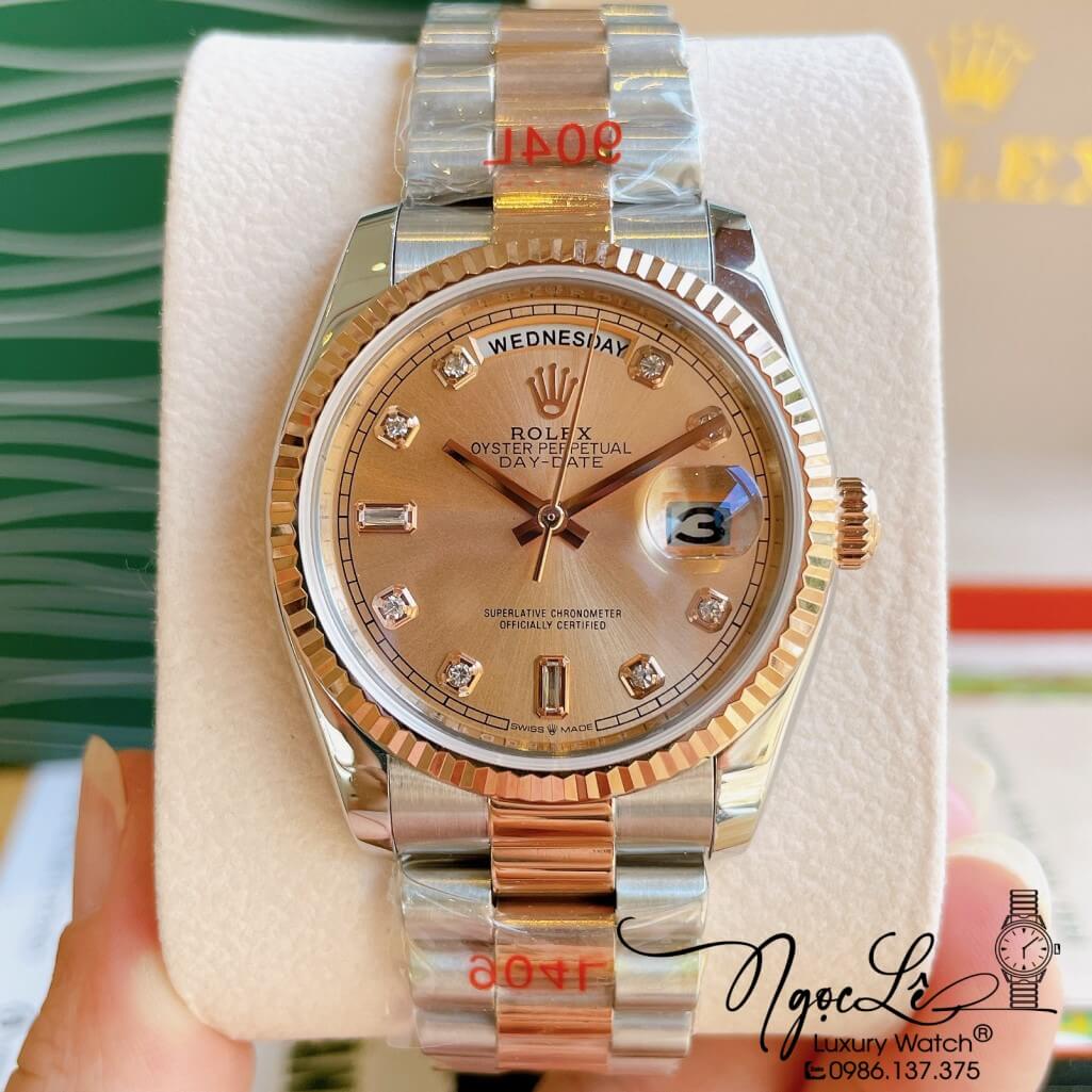 Đồng Hồ Rolex Day-Date Automatic Unisex Dây Kim Loại Demi Rose 36mm