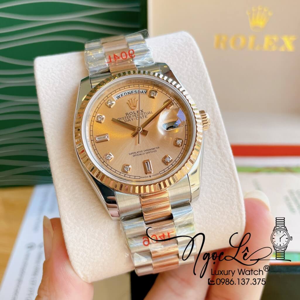 Đồng Hồ Rolex Day-Date Automatic Unisex Dây Kim Loại Demi Rose 36mm