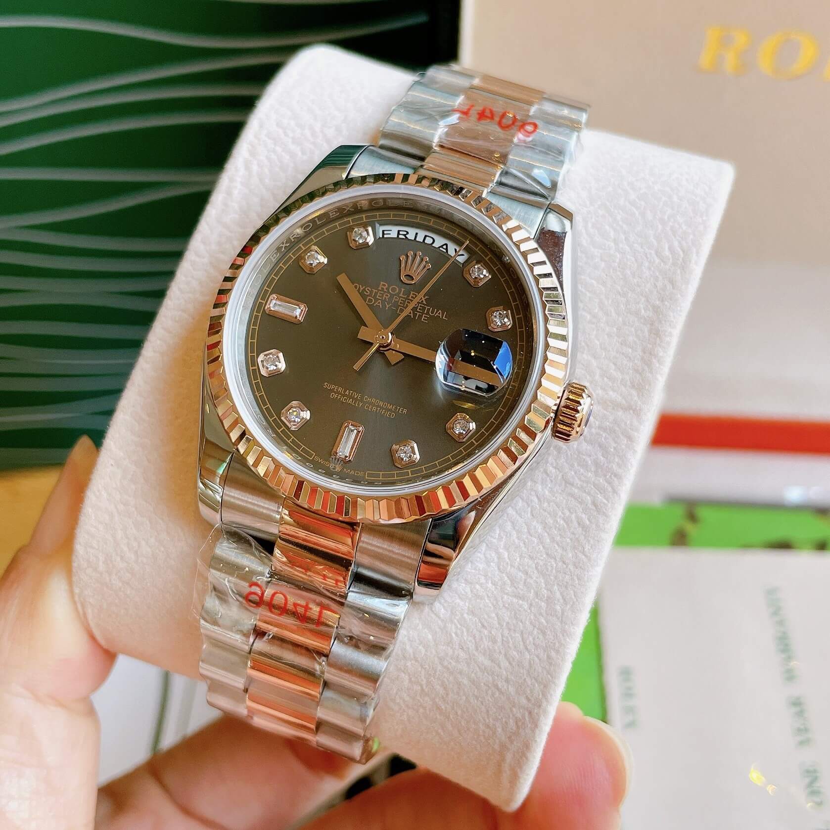 Đồng Hồ Rolex Day-Date Automatic Unisex Dây Kim Loại Demi Rose Mặt Xám 36mm