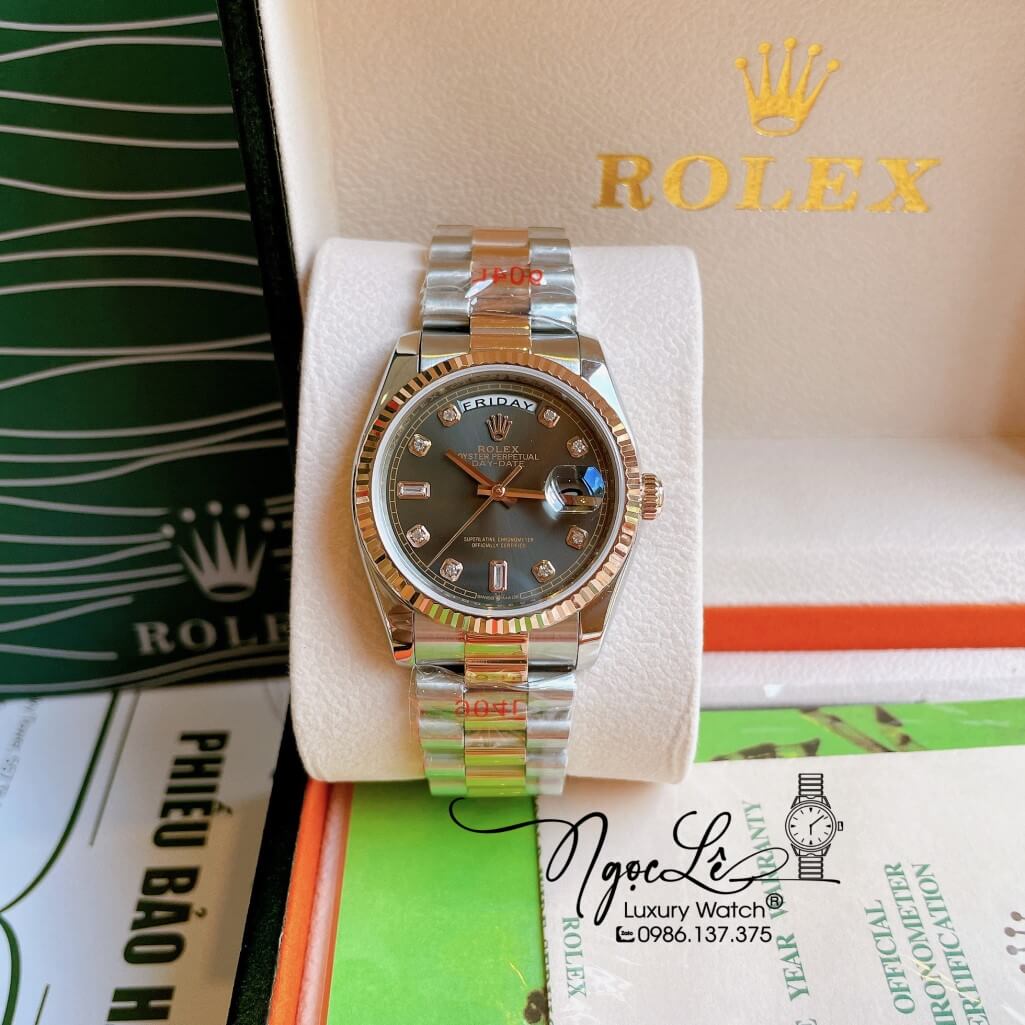 Đồng Hồ Rolex Day-Date Automatic Unisex Dây Kim Loại Demi Rose Mặt Xám 36mm