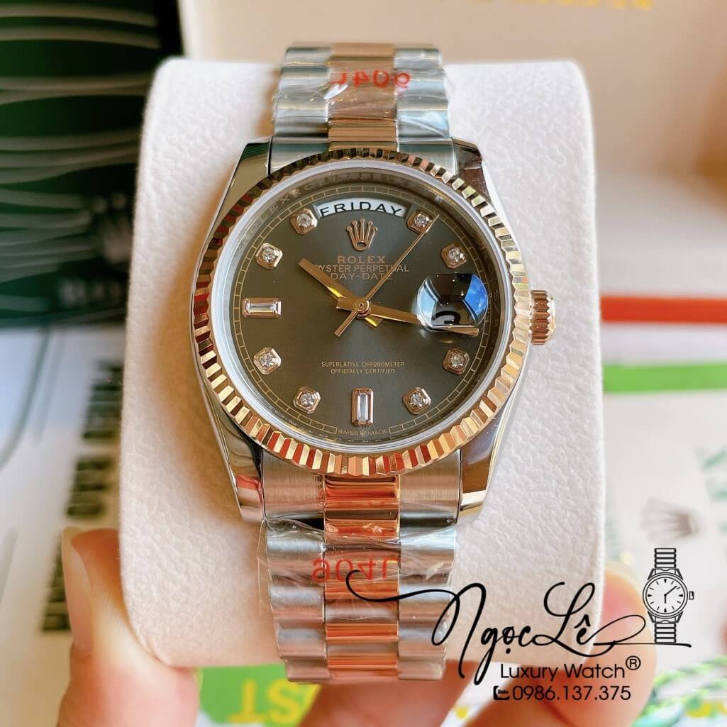 Đồng Hồ Rolex Day-Date Automatic Unisex Dây Kim Loại Demi Rose Mặt Xám 36mm