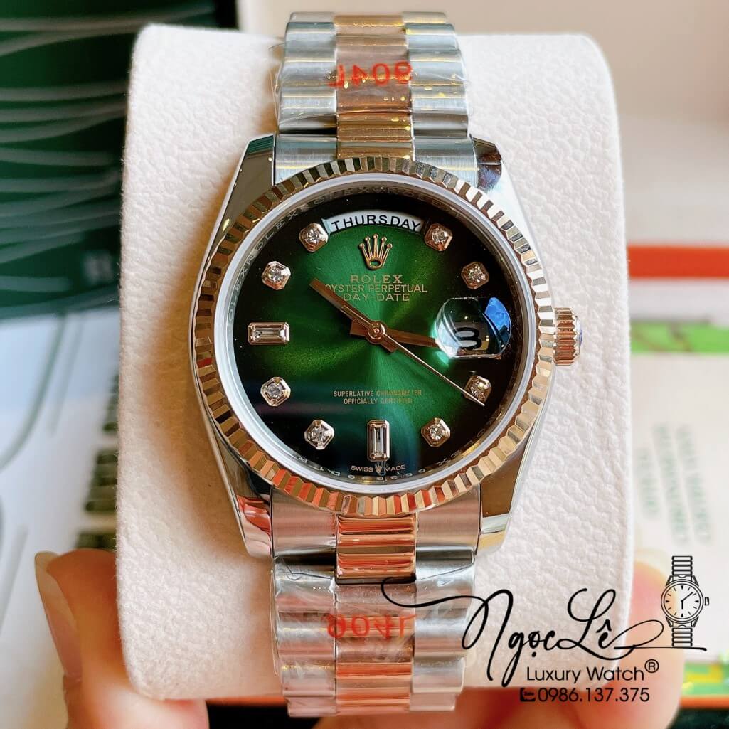 Đồng Hồ Rolex Day-Date Automatic Unisex Dây Kim Loại Demi Rose Mặt Ombre Xanh 36mm