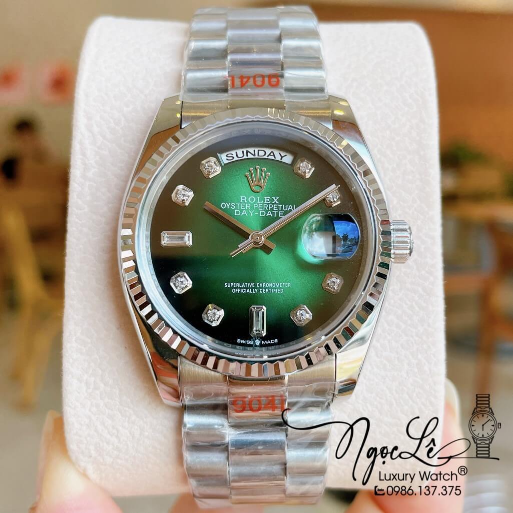 Đồng Hồ Rolex Day-Date Automatic Unisex Dây Kim Loại Bạc Mặt Ombre Xanh 36mm