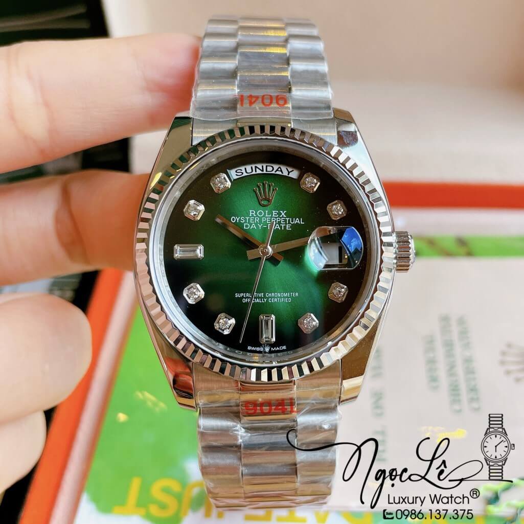 Đồng Hồ Rolex Day-Date Automatic Unisex Dây Kim Loại Bạc Mặt Ombre Xanh 36mm