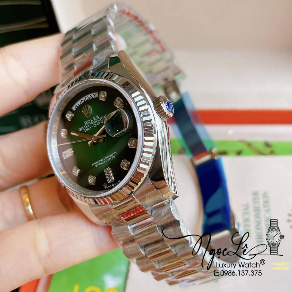 Đồng Hồ Rolex Day-Date Automatic Unisex Dây Kim Loại Bạc Mặt Ombre Xanh 36mm