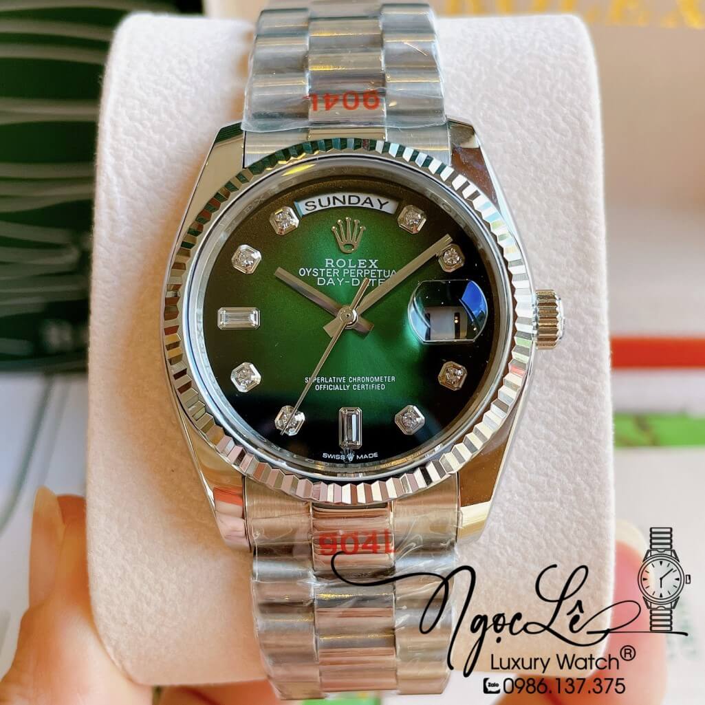 Đồng Hồ Rolex Day-Date Automatic Unisex Dây Kim Loại Bạc Mặt Ombre Xanh 36mm