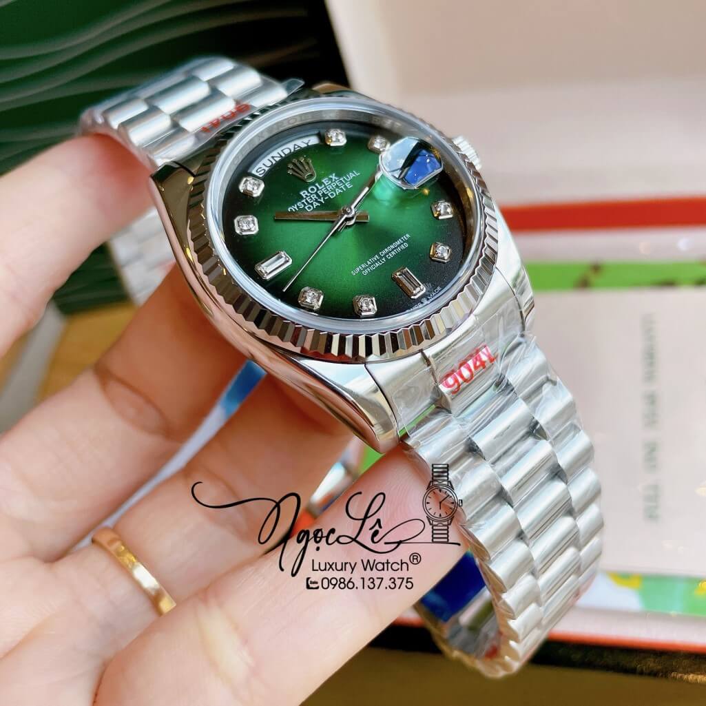 Đồng Hồ Rolex Day-Date Automatic Unisex Dây Kim Loại Bạc Mặt Ombre Xanh 36mm