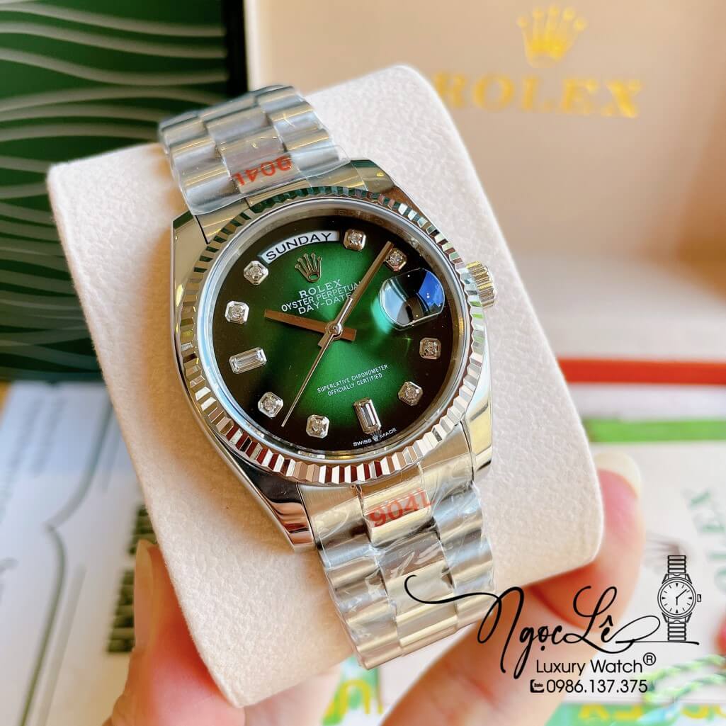 Đồng Hồ Rolex Day-Date Automatic Unisex Dây Kim Loại Bạc Mặt Ombre Xanh 36mm