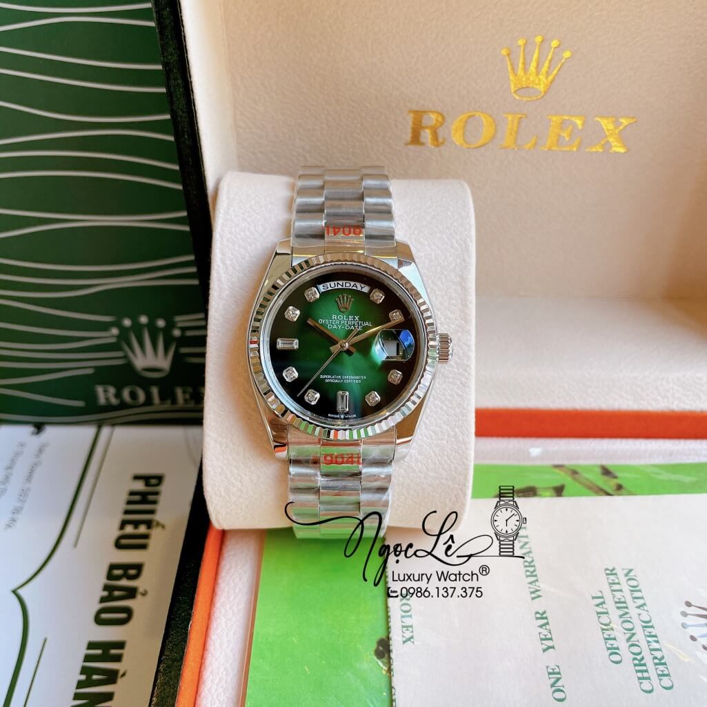 Đồng Hồ Rolex Day-Date Automatic Unisex Dây Kim Loại Bạc Mặt Ombre Xanh 36mm