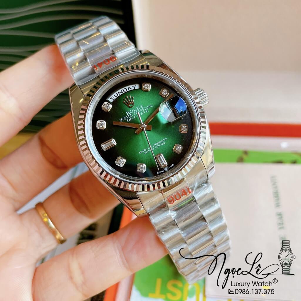 Đồng Hồ Rolex Day-Date Automatic Unisex Dây Kim Loại Bạc Mặt Ombre Xanh 36mm