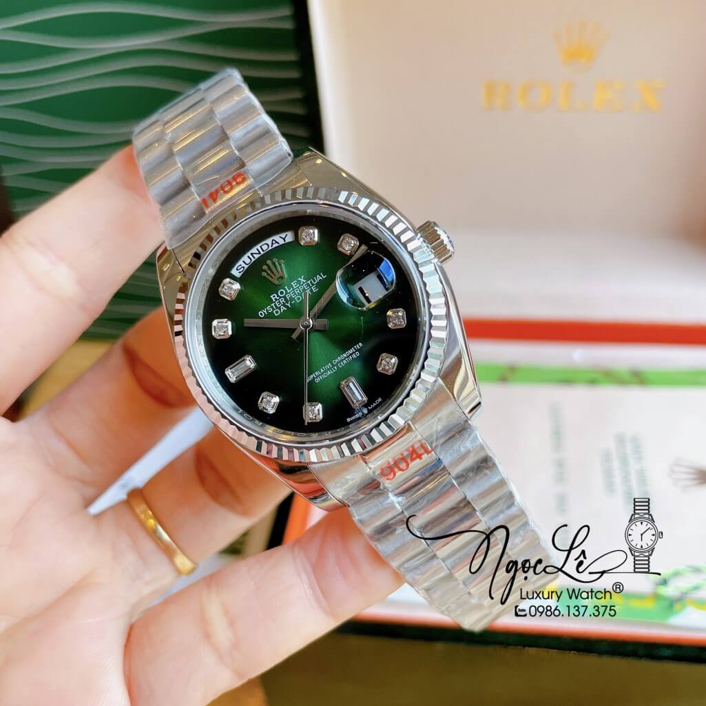 Đồng Hồ Rolex Day-Date Automatic Unisex Dây Kim Loại Bạc Mặt Ombre Xanh 36mm