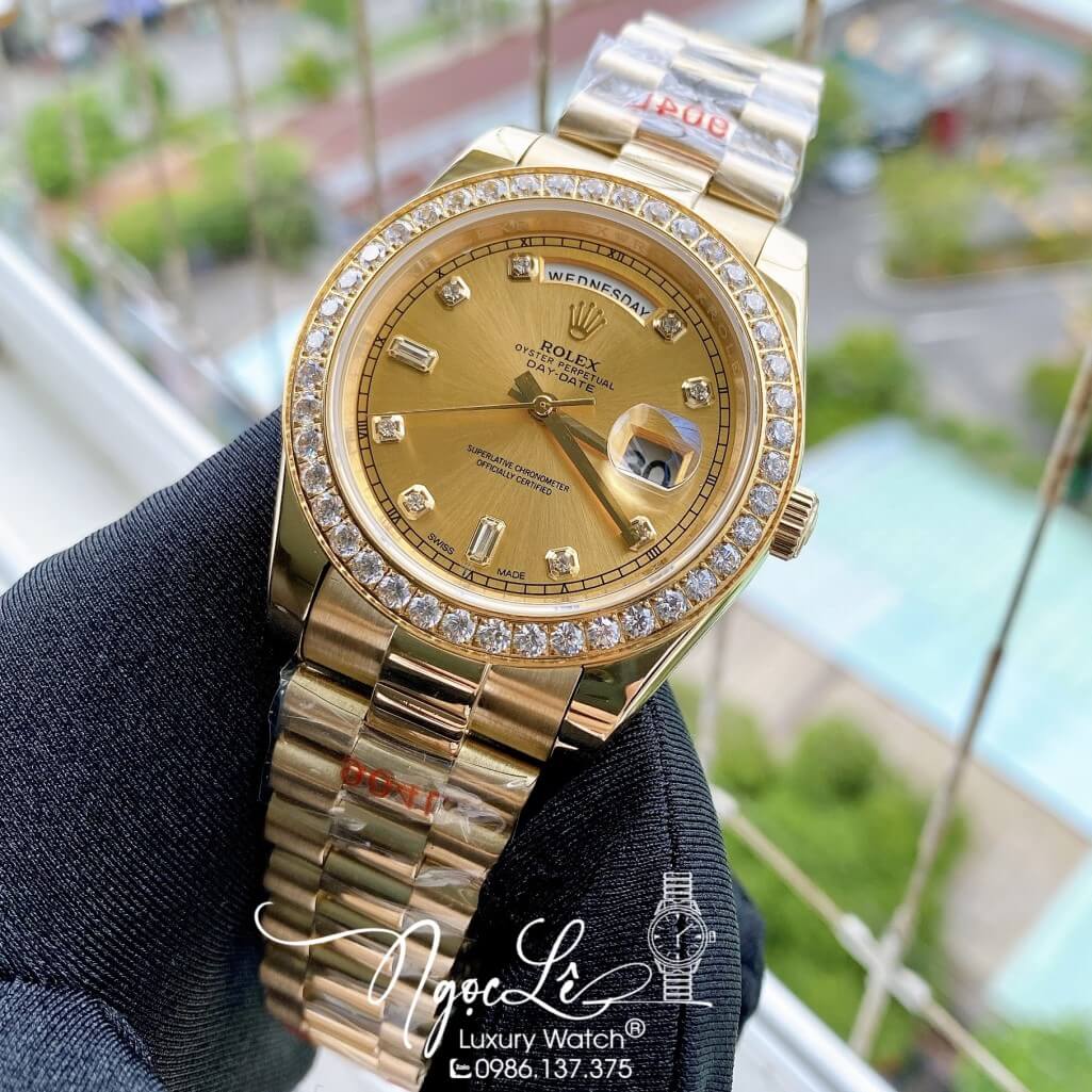 Đồng Hồ Rolex Day-Date Automatic Dây Kim Loại Vàng Mặt Vàng Đính Đá 41mm