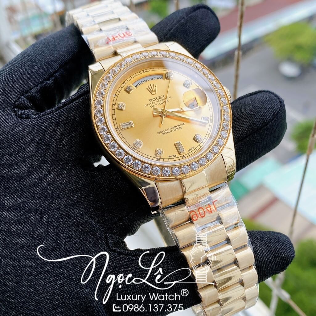 Đồng Hồ Rolex Day-Date Automatic Dây Kim Loại Vàng Mặt Vàng Đính Đá 41mm