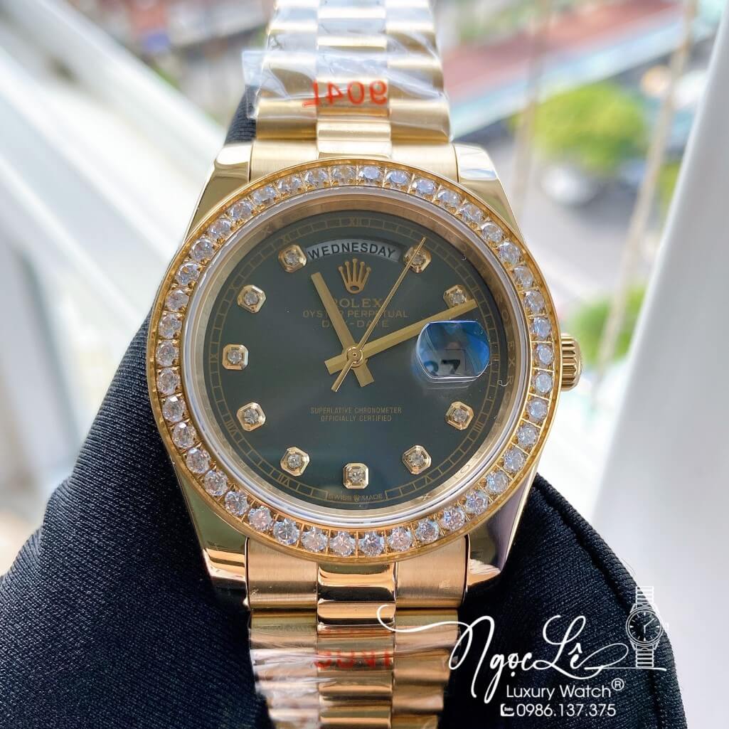Đồng Hồ Rolex Day-Date Automatic Dây Kim Loại Vàng Mặt Xám Đính Đá 41mm