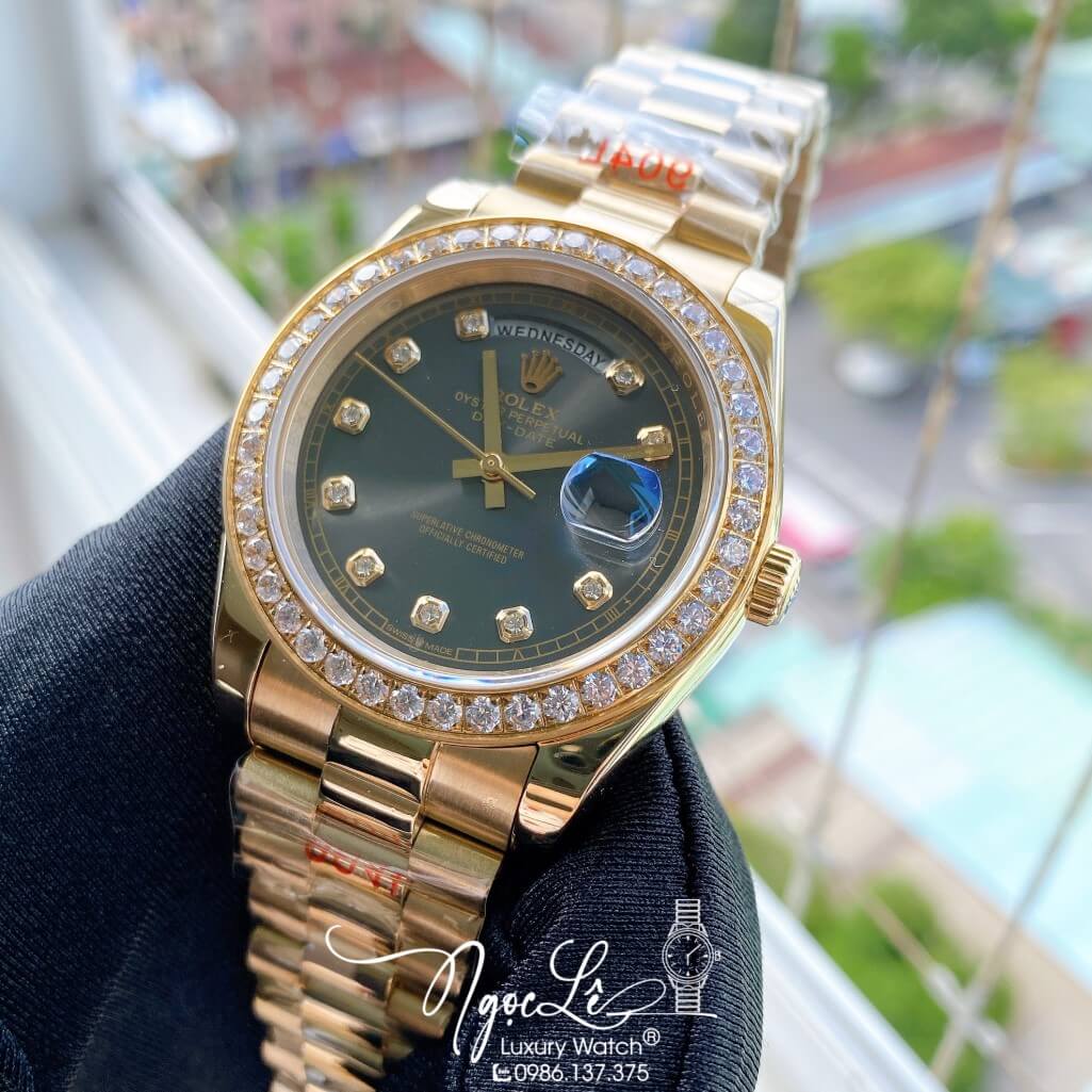 Đồng Hồ Rolex Day-Date Automatic Dây Kim Loại Vàng Mặt Xám Đính Đá 41mm