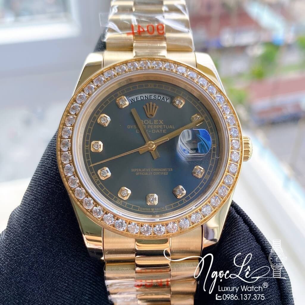 Đồng Hồ Rolex Day-Date Automatic Dây Kim Loại Vàng Mặt Xám Đính Đá 41mm