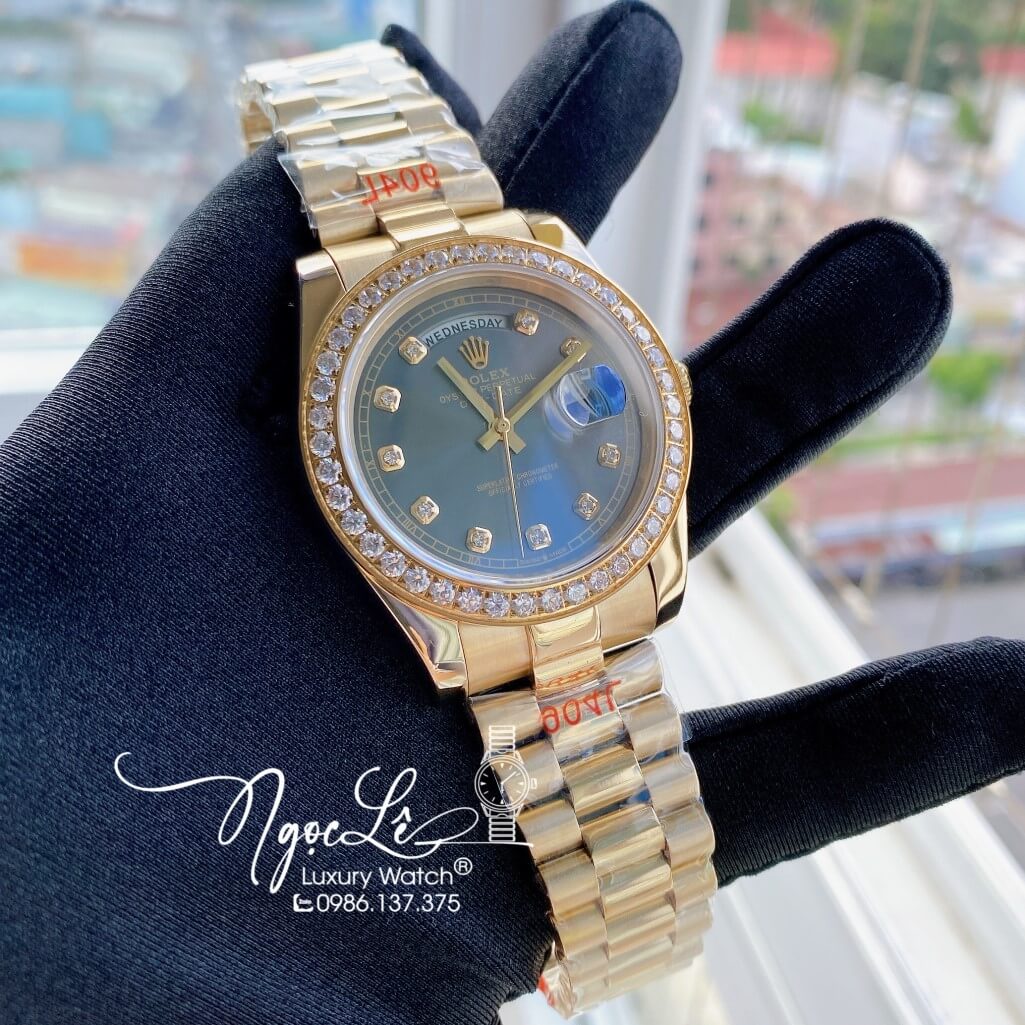 Đồng Hồ Rolex Day-Date Automatic Dây Kim Loại Vàng Mặt Xám Đính Đá 41mm