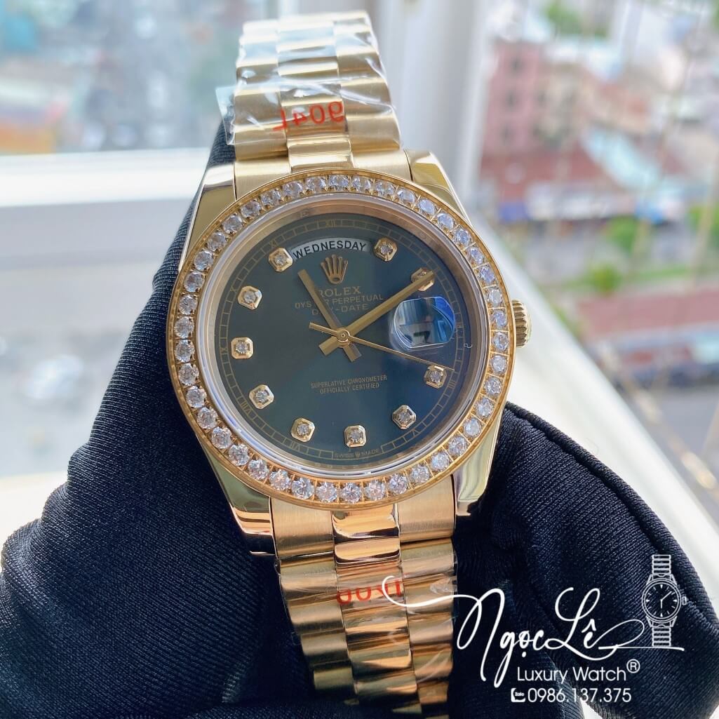 Đồng Hồ Rolex Day-Date Automatic Dây Kim Loại Vàng Mặt Xám Đính Đá 41mm