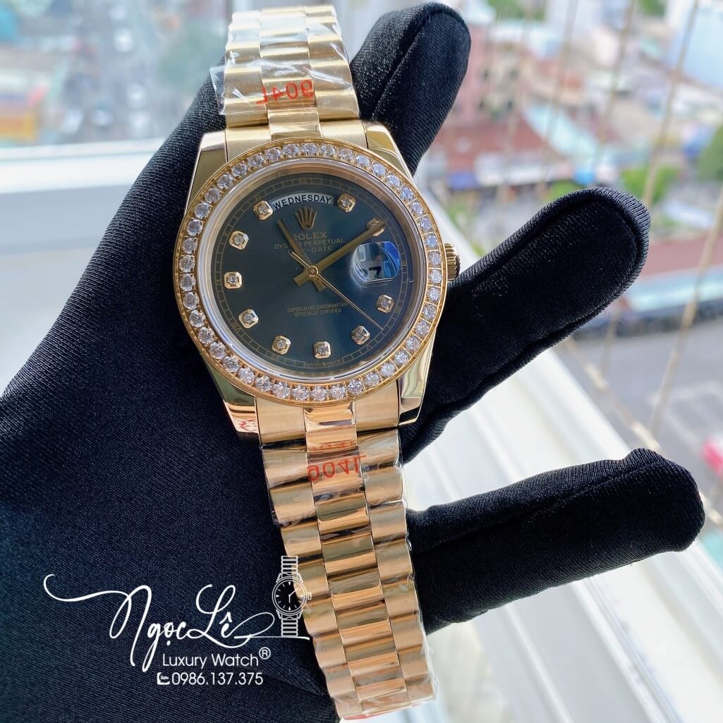 Đồng Hồ Rolex Day-Date Automatic Dây Kim Loại Vàng Mặt Xám Đính Đá 41mm