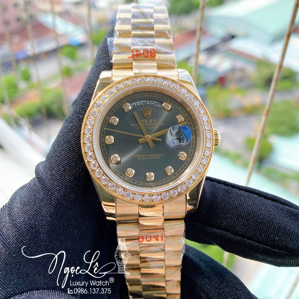Đồng Hồ Rolex Day-Date Automatic Dây Kim Loại Vàng Mặt Xám Đính Đá 41mm