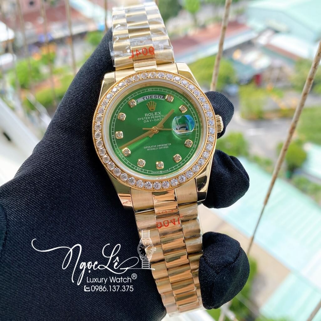 Đồng Hồ Rolex Day-Date Automatic Dây Kim Loại Vàng Mặt Xanh Lá Đính Đá 41mm