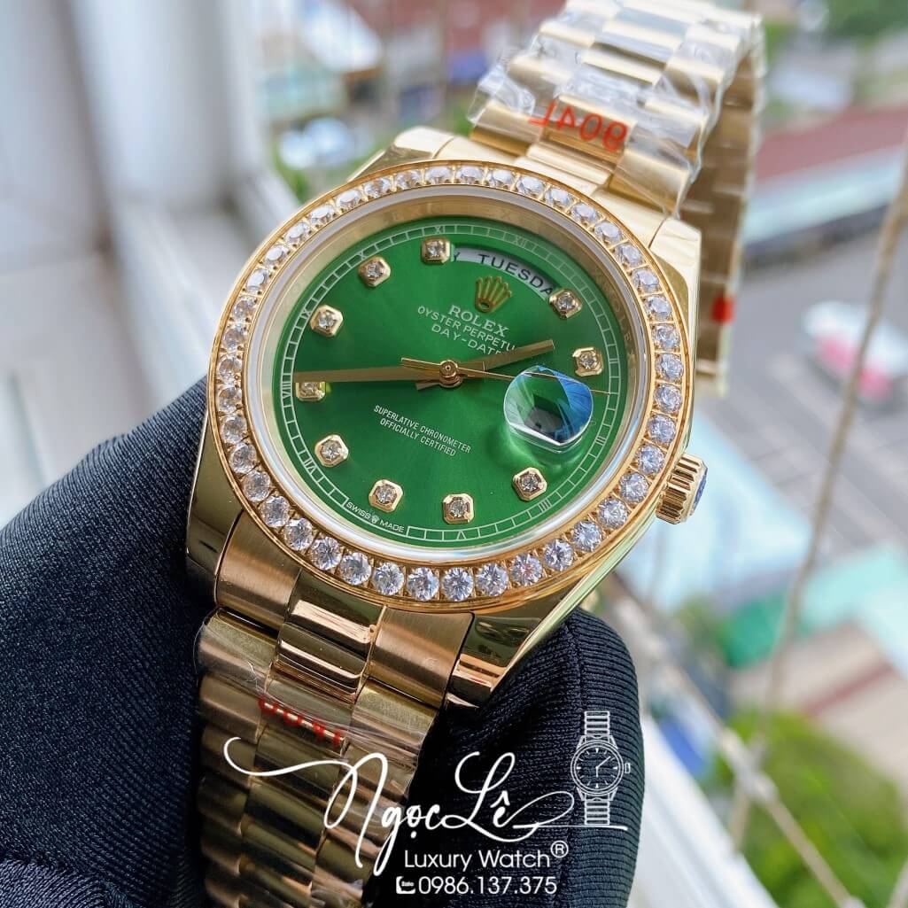 Đồng Hồ Rolex Day-Date Automatic Dây Kim Loại Vàng Mặt Xanh Lá Đính Đá 41mm