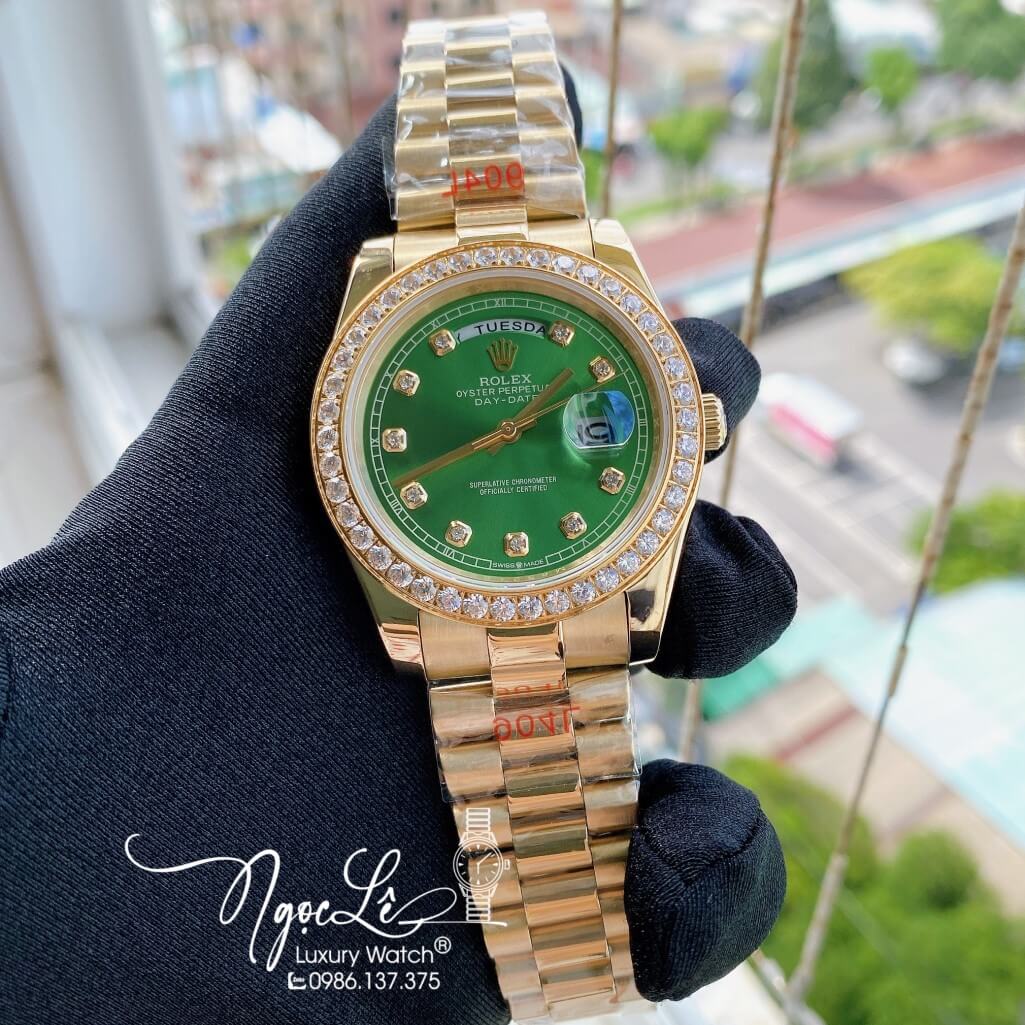Đồng Hồ Rolex Day-Date Automatic Dây Kim Loại Vàng Mặt Xanh Lá Đính Đá 41mm
