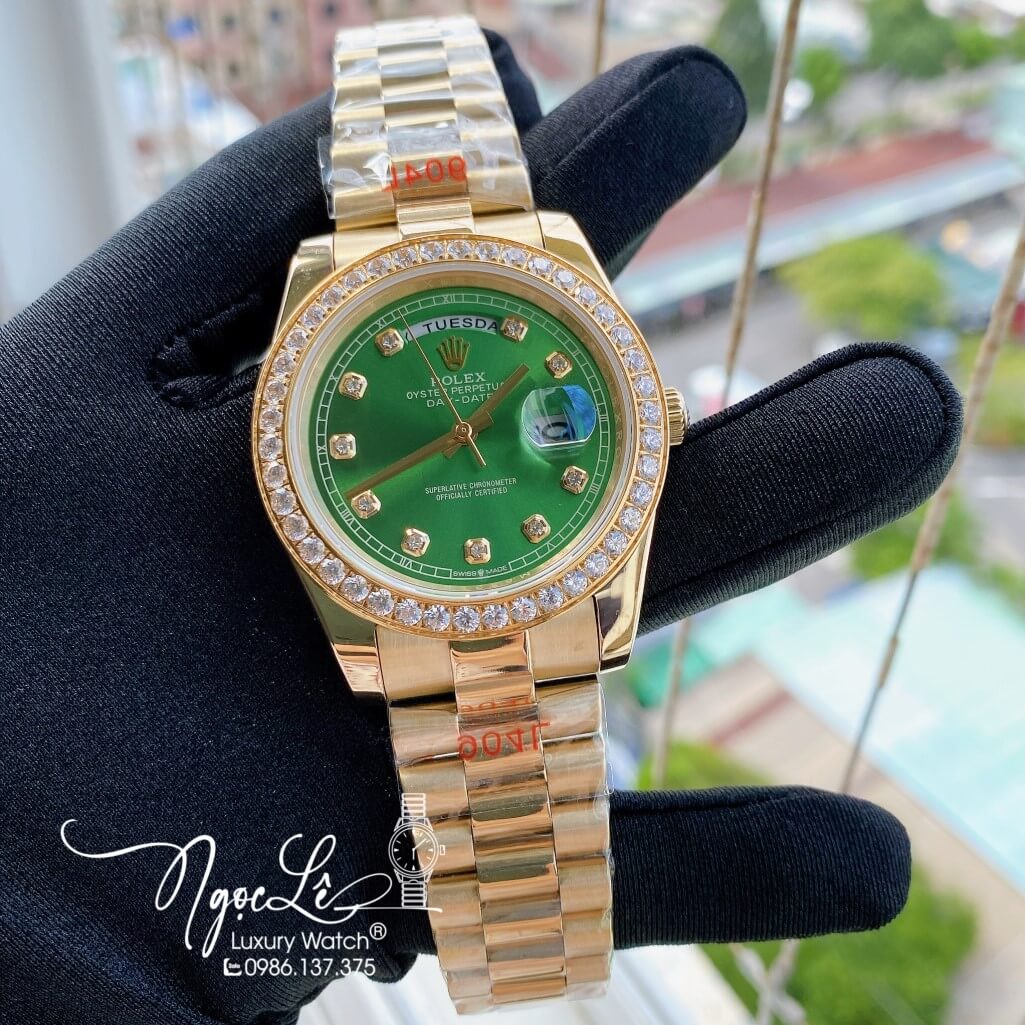 Đồng Hồ Rolex Day-Date Automatic Dây Kim Loại Vàng Mặt Xanh Lá Đính Đá 41mm