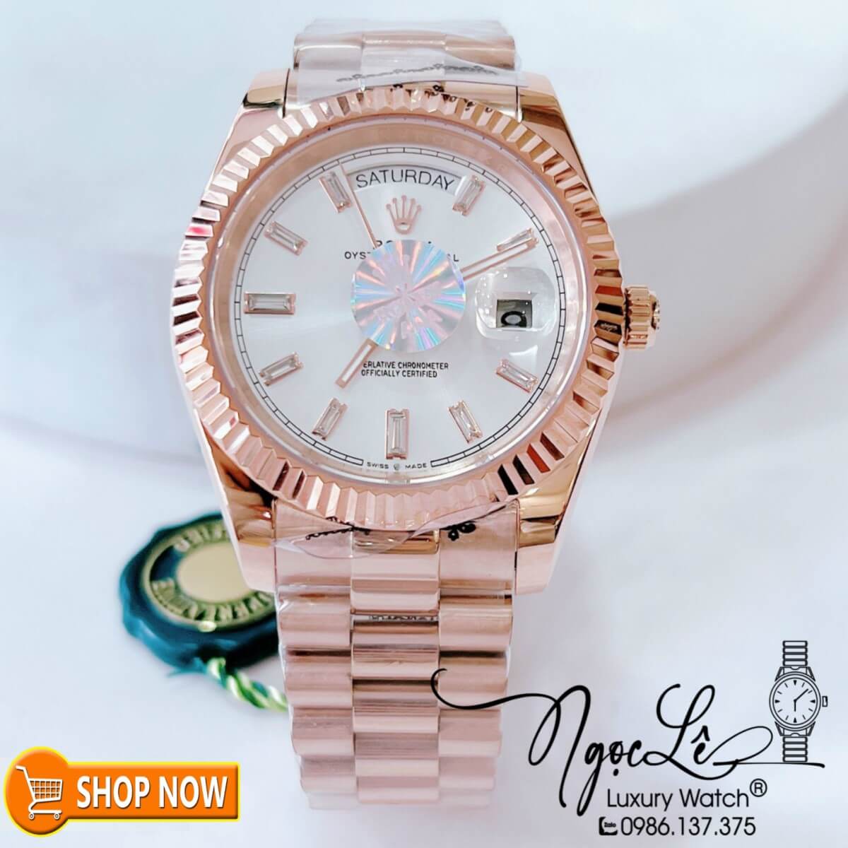 Đồng Hồ Rolex Day-Date Automatic Nam Dây Vàng Hồng Mặt Trắng Size 41mm Vạch Đá