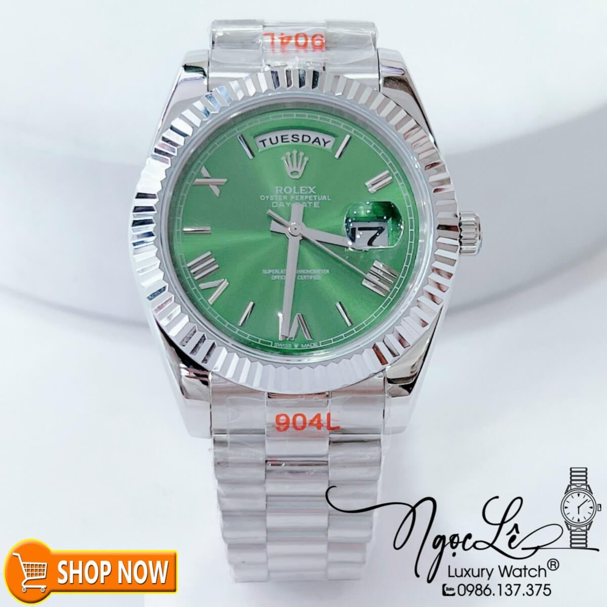 Đồng Hồ Rolex Day-Date Automatic Nam Dây Bạc Mặt Xanh Lá Size 41mm - Số La Mã