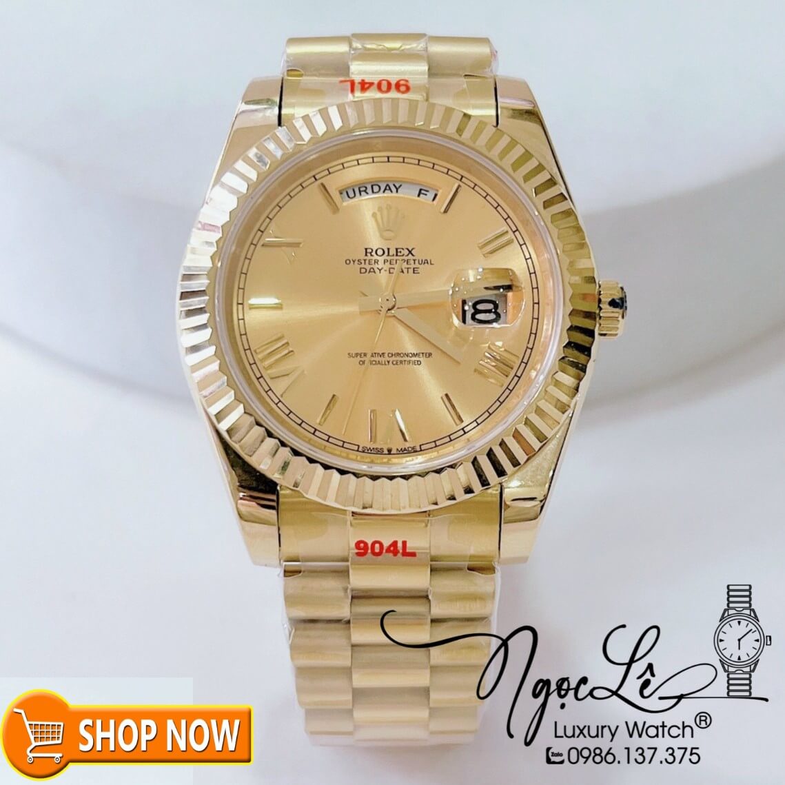 Đồng Hồ Rolex Day-Date Automatic Nam Dây Vàng Mặt Vàng Size 41mm - Số La Mã