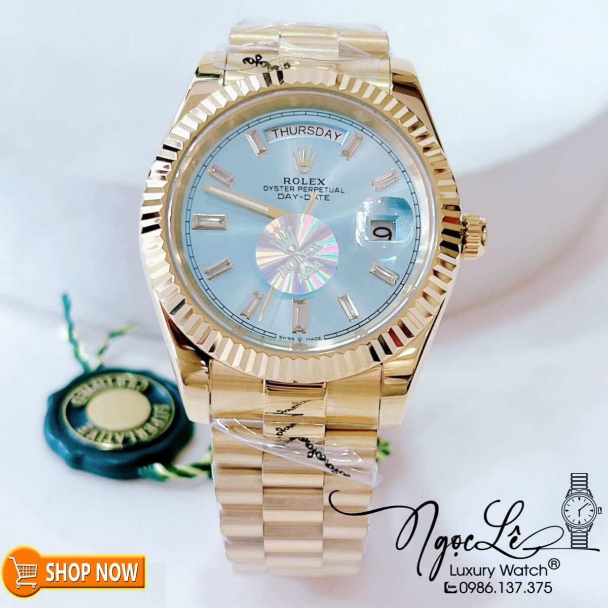 Đồng Hồ Rolex Day-Date Automatic Nam Dây Vàng Mặt Xanh Ngọc Bích Size 41mm Vạch Đá