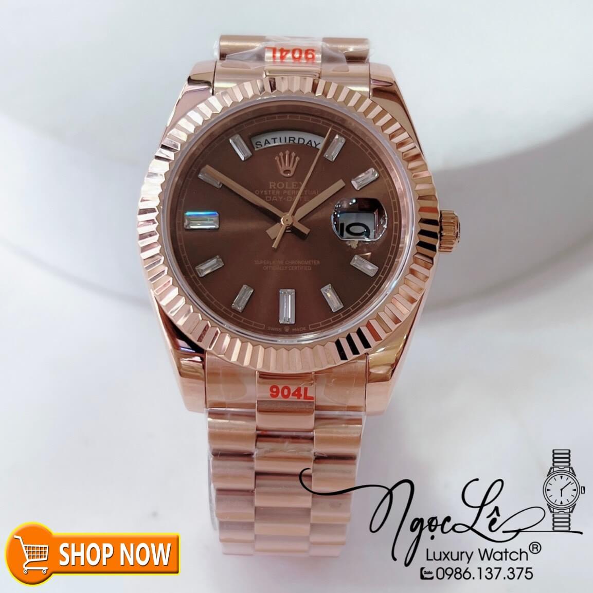 Đồng Hồ Rolex Day-Date Automatic Nam Dây Vàng Hồng Mặt Nâu Size 41mm Vạch Đá